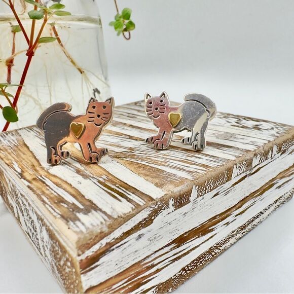 Vintage Cat Sterling Silver Earrings Made In Mexico - Picture 1 of 4